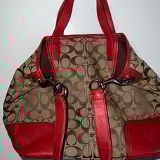 EUC COACH Satchel Tote Tan Signature Jacquard & Red Leather Silver Hardware