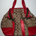 EUC COACH Satchel Tote Tan Signature Jacquard & Red Leather Silver Hardware