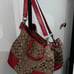 EUC COACH Satchel Tote Tan Signature Jacquard & Red Leather Silver Hardware