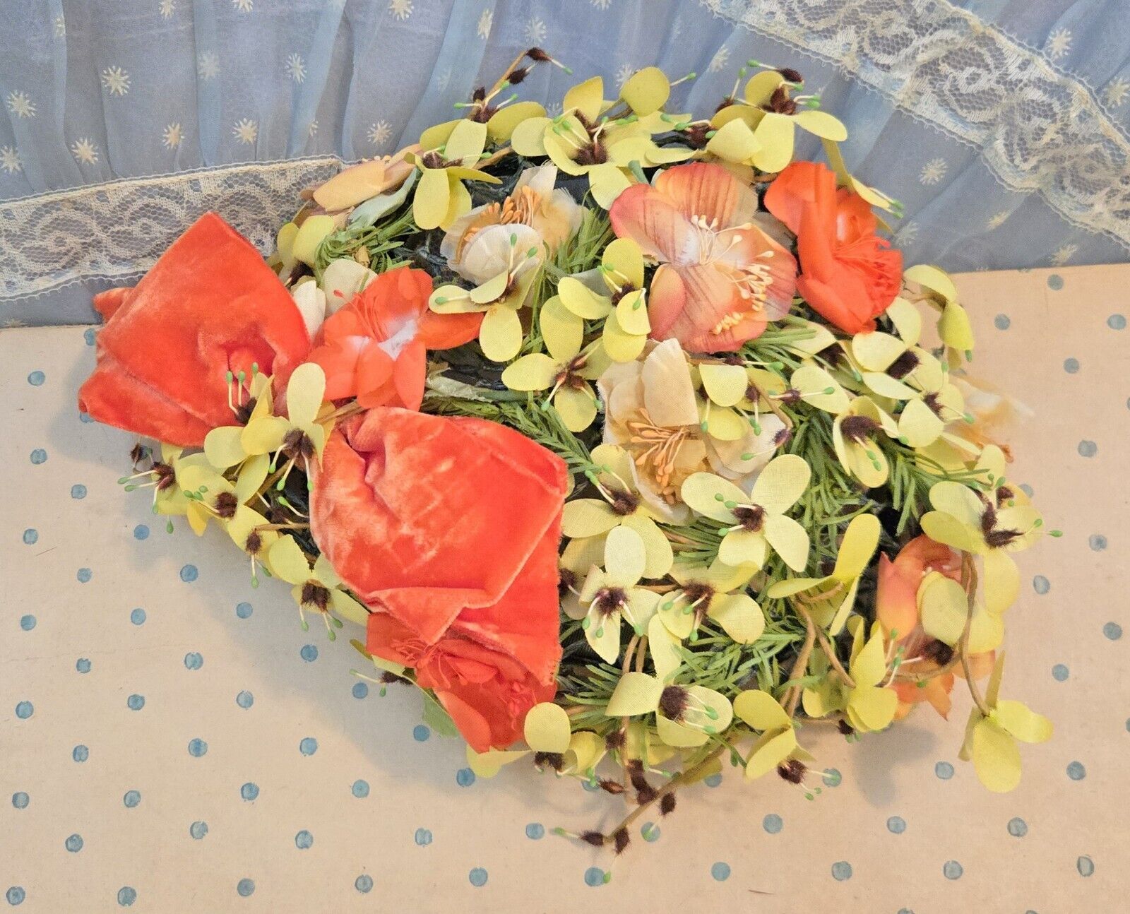 Antique Original Vintage Hat Unique Floral Bouquet Velvet Bow Mesh Fascinator