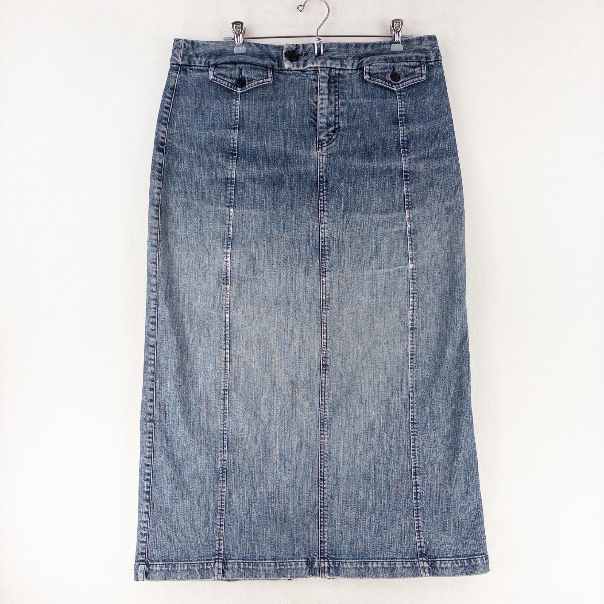 Eddie Bauer Long Denim Jean Skirt Size 14 Blue Stretch Maxi Straight Back Slit