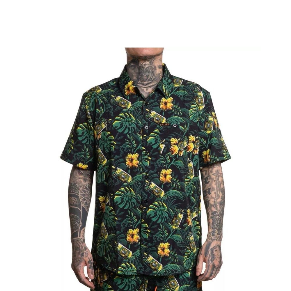 New Sullen Men's Beer Garden Woven Button Down Pool Shirt Beer Leaves 2XL
