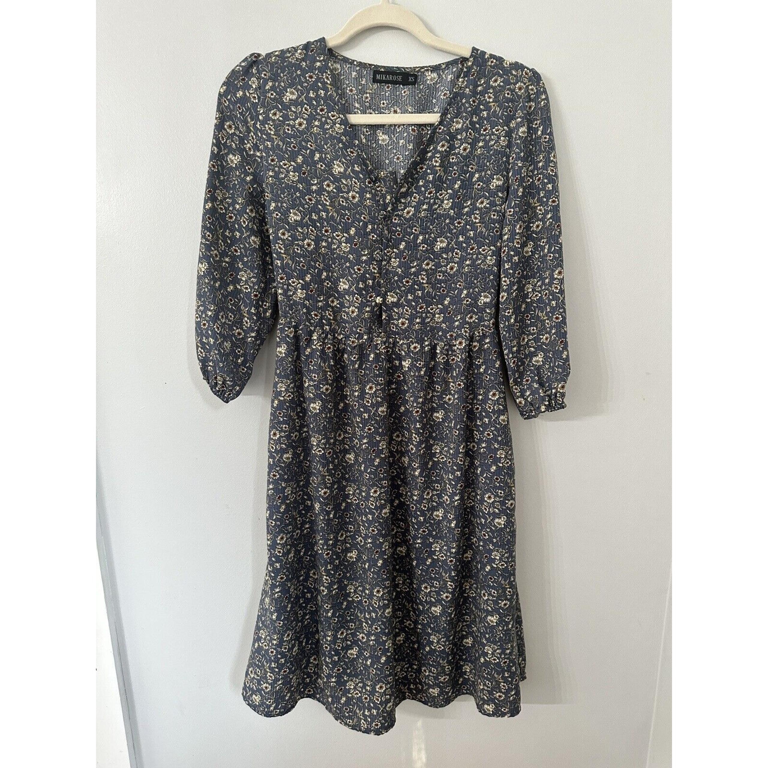Mikarose XS Womens Dress Blue White Floral Cottage Core Prairie W/ Buttons