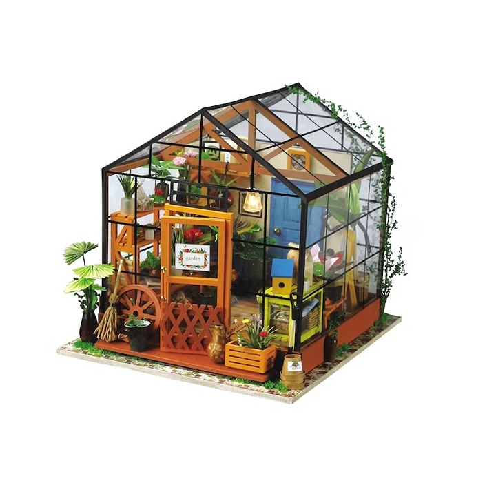 DIY Dollhouse Kit Miniature Greenhouse: Cathy's Flower House/ LED Lights