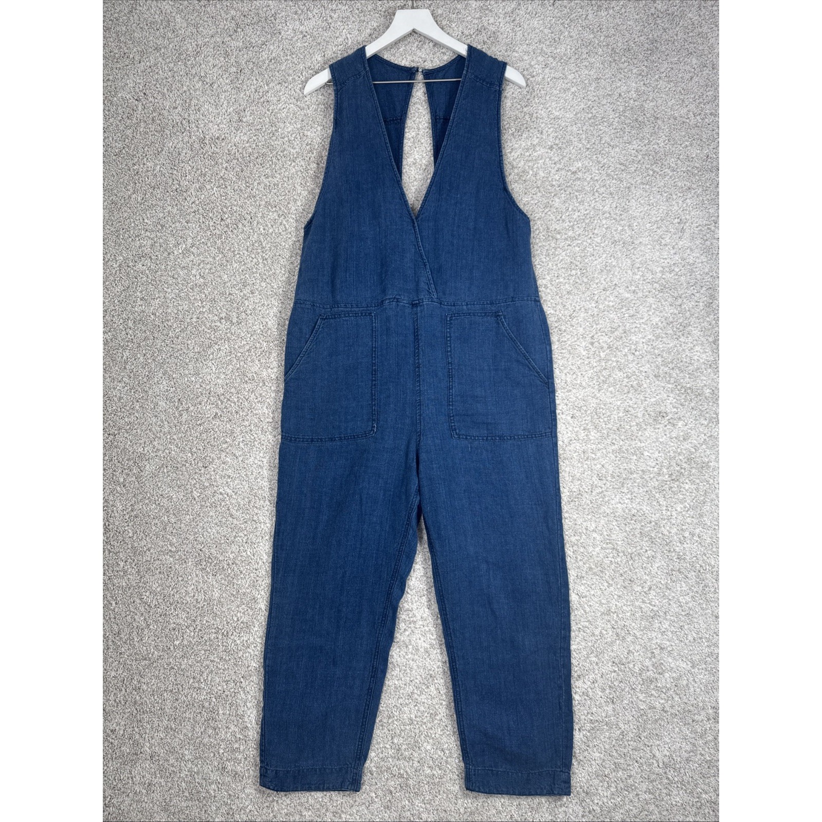 Free People Womens M Morning Star Linen Jumpsuit Plunge Neckline Cropped Leg
