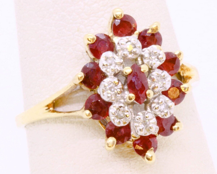 10K Gold Ruby & Diamond Double Halo Cluster Cocktail Ring Size 6.5 LP2104501
