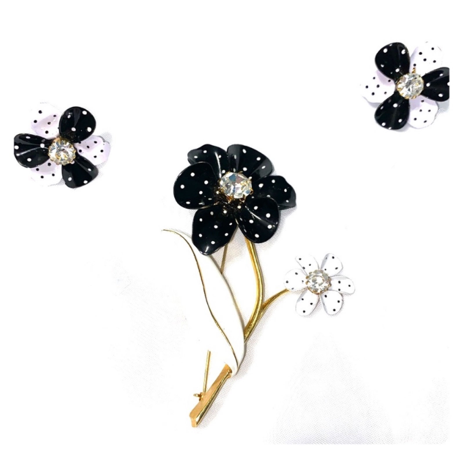 Vintage Antique Large Enamel Brooch & Earrings Set