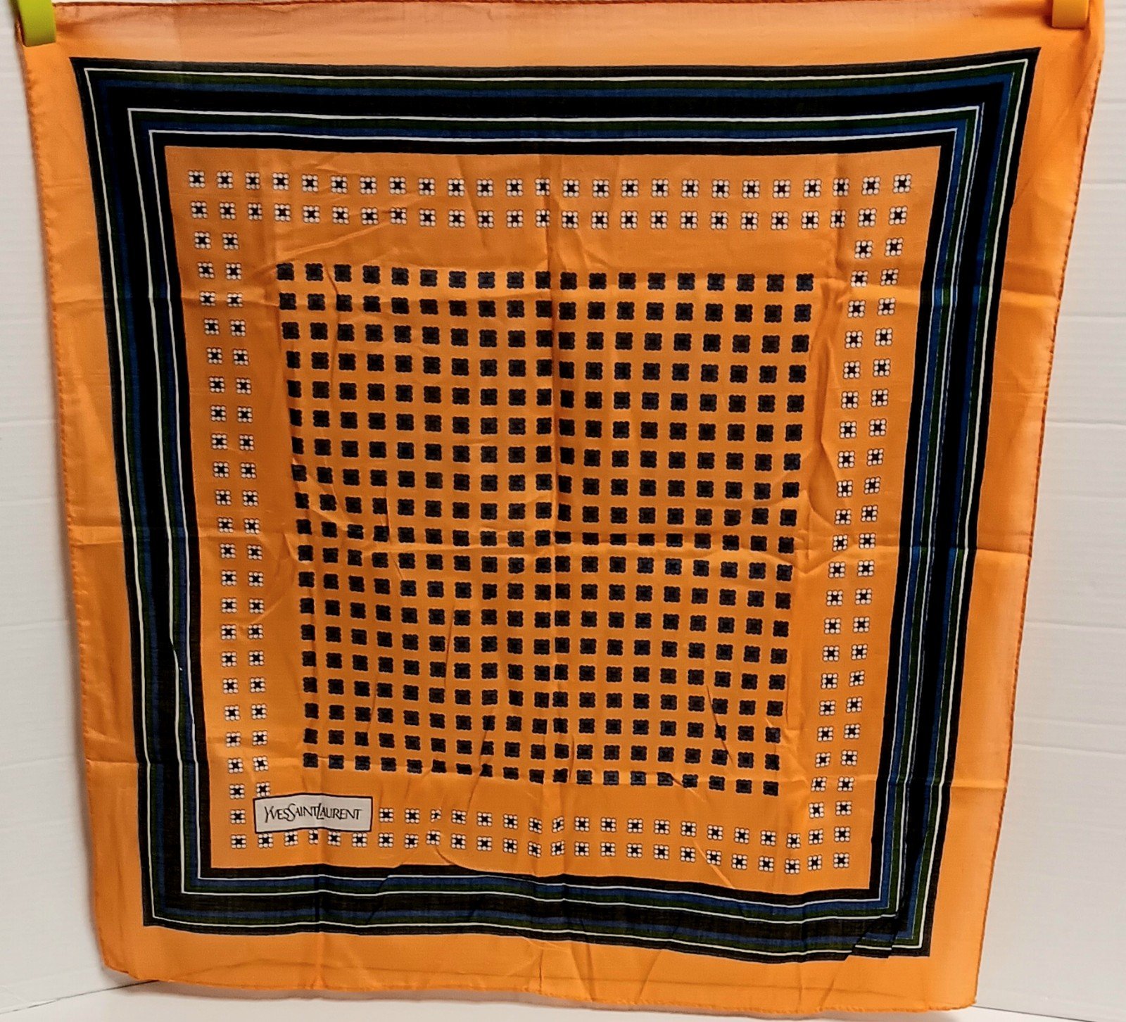 Vtge Yves Saint Laurent Cotton Geometric Square Scarf Logo 25 X 26 Orange Blue