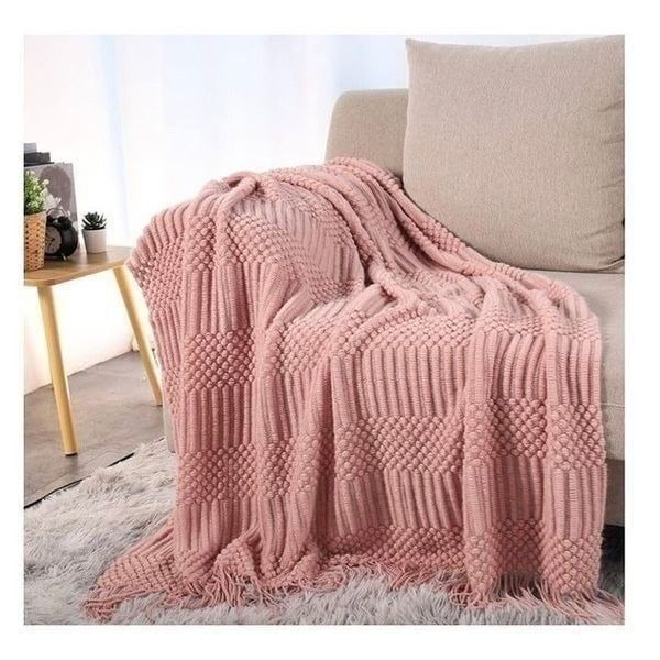 Pink Cozy Textured Knitted Blanket Throw