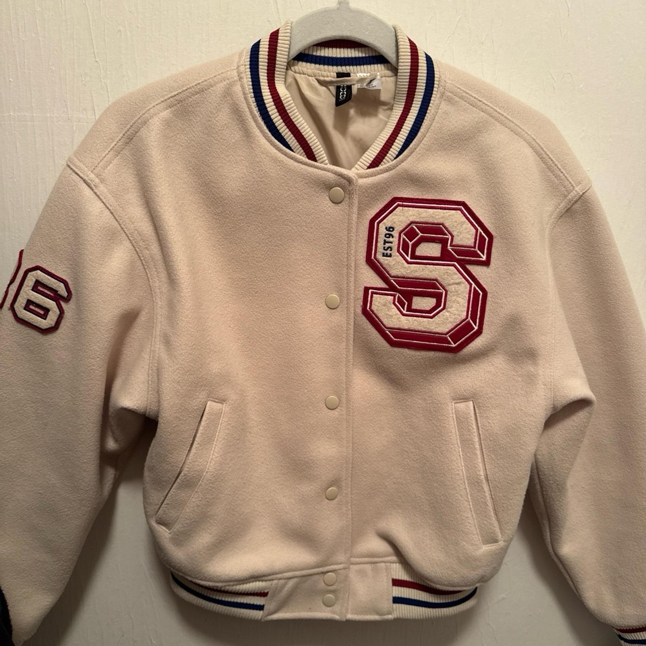H&M Light Beige Varsity Bomber Jacket With S Motif