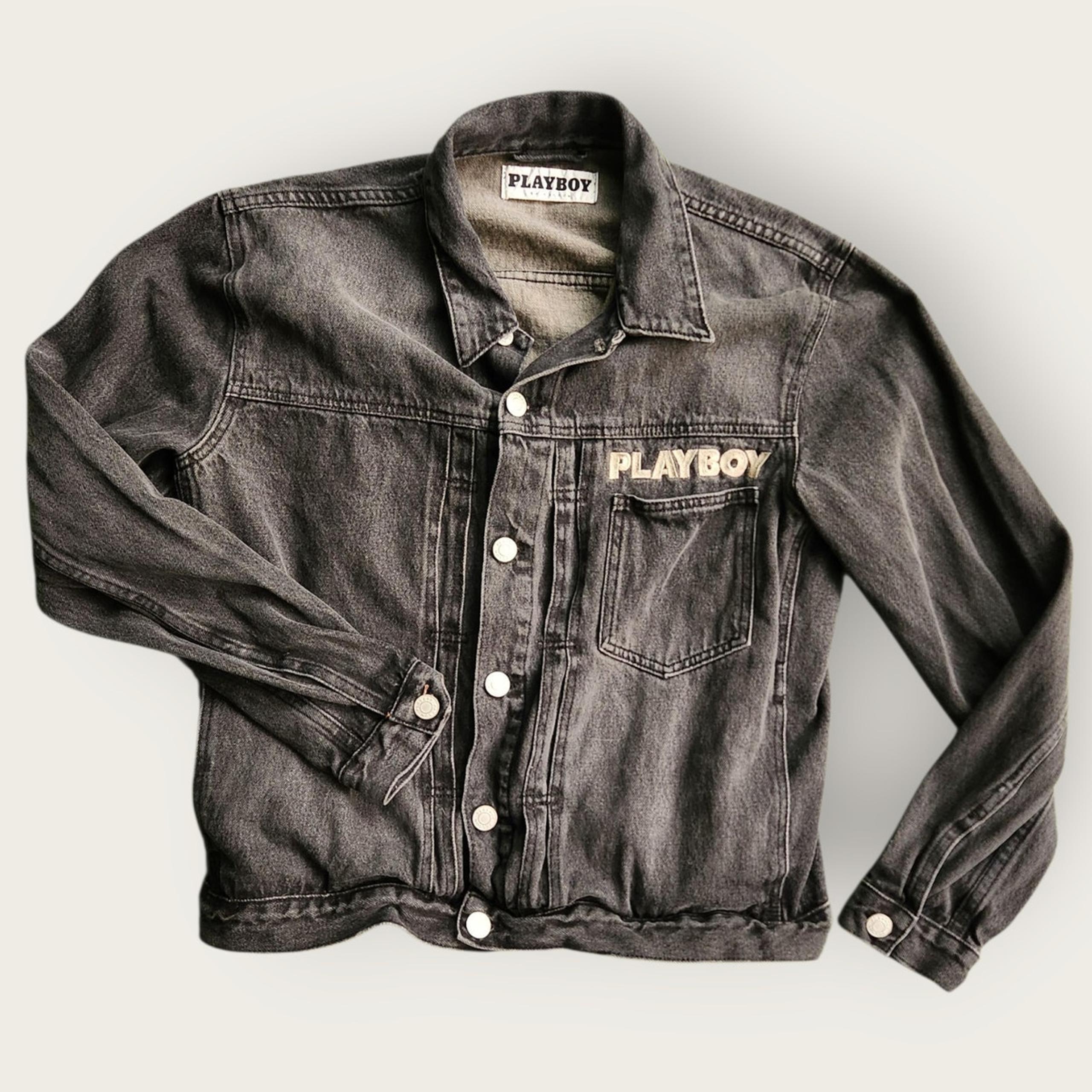 PlayBoy By Pacsun Trucker Jacket Women's Sz L Charcoal Denim Silver Logo