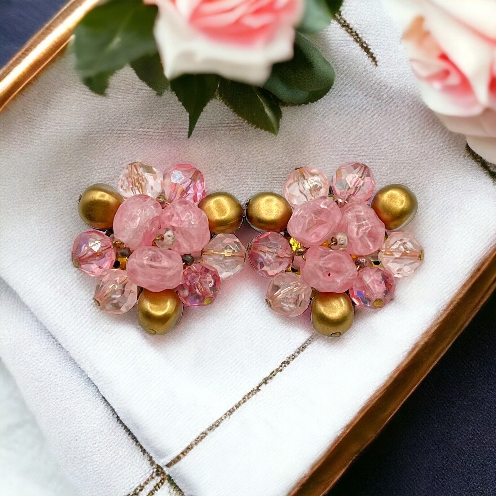 Vintage West German Pink Lavender Gold Beaded Cluster Brass Clip On Earrings