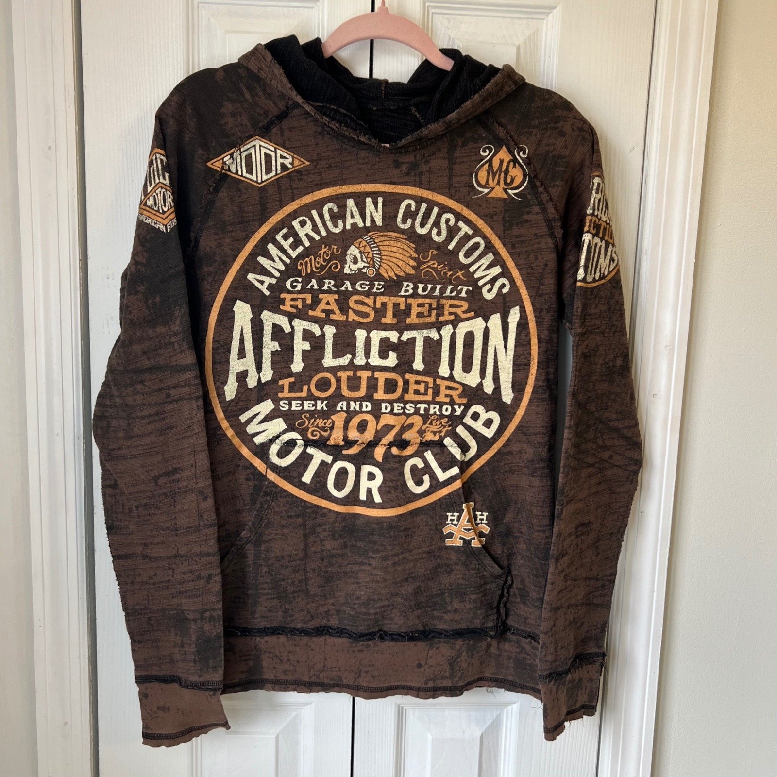 Affliction Men's American Customs Petrol Graphic Acid Wash Hoodie Size Small
