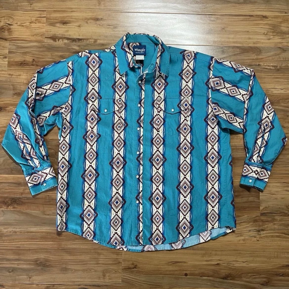 Vintage Wrangler Western Geo Pattern Pearl Snap Button Cowboy Shirt Men’s XXL