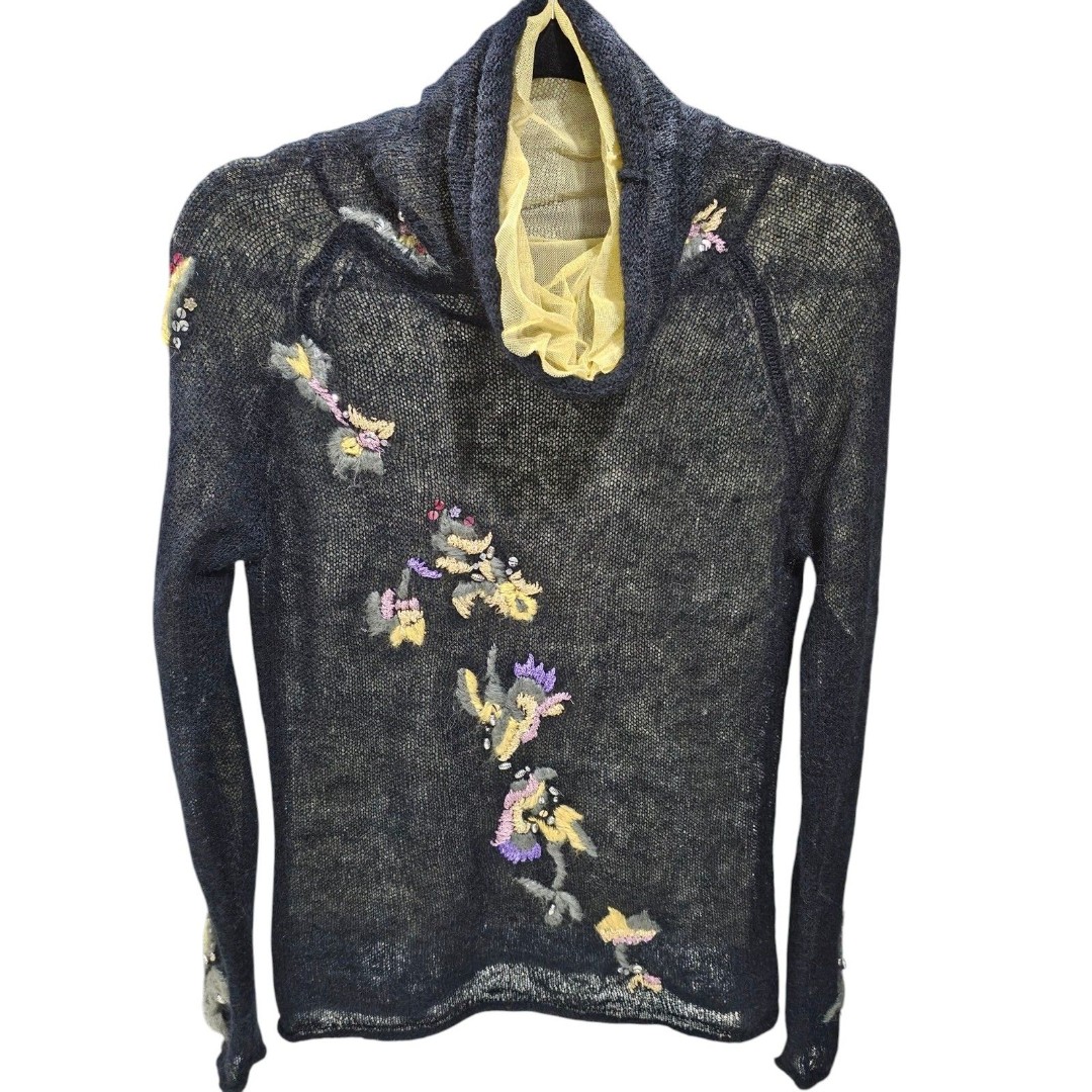 Dolce Cabo Sweater Mohair Blend Women XL Floral Embroidered Embellished Mesh Top