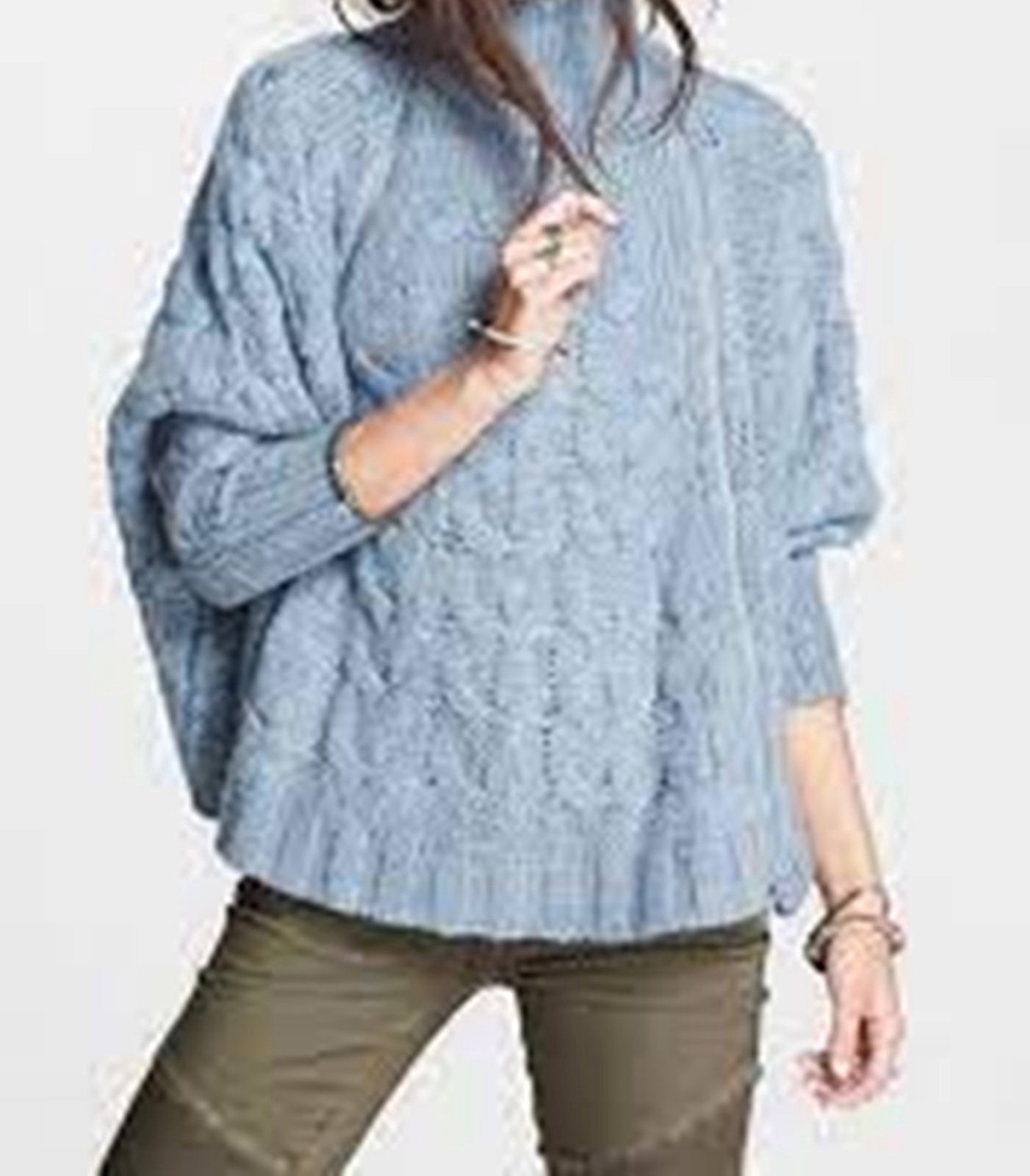 EUC Free People Cable Zip Oversized Poncho Sweater in Blue Heather. Tag says S,