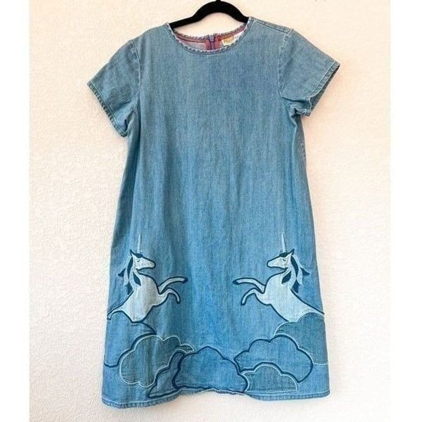 Mini Boden Chambray Unicorn Applique Dress Size 11-12Y