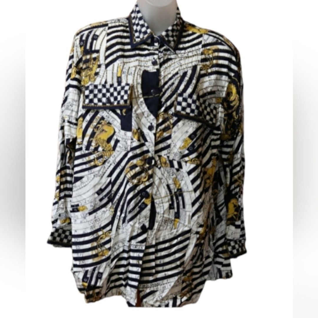 Vintage Surya Crazy Bold Loud Print Horoscope Beaded Button Up Blouse Small
