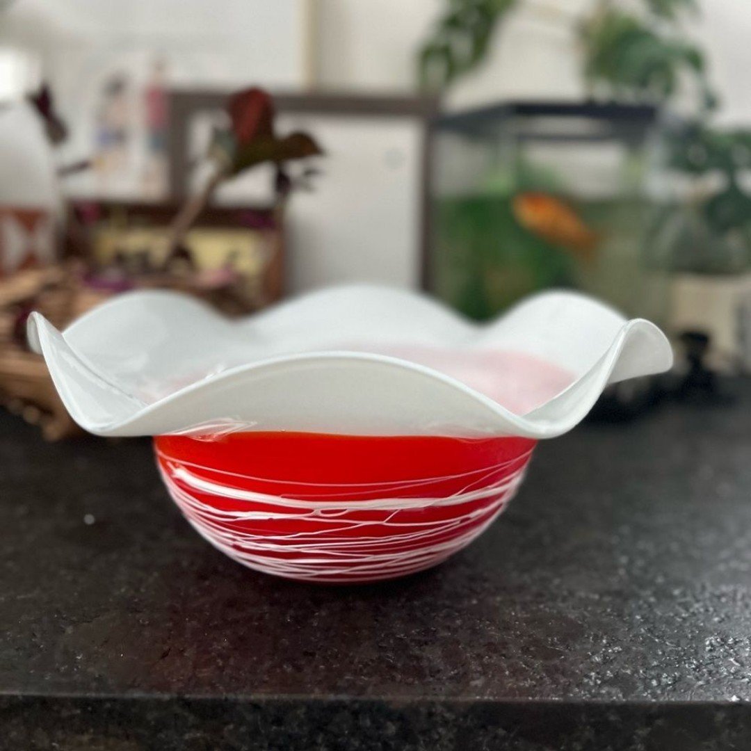 Vintage Murano Style Folded or Handkerchief Glass Bowl w Bottom Swirls Orange Lg