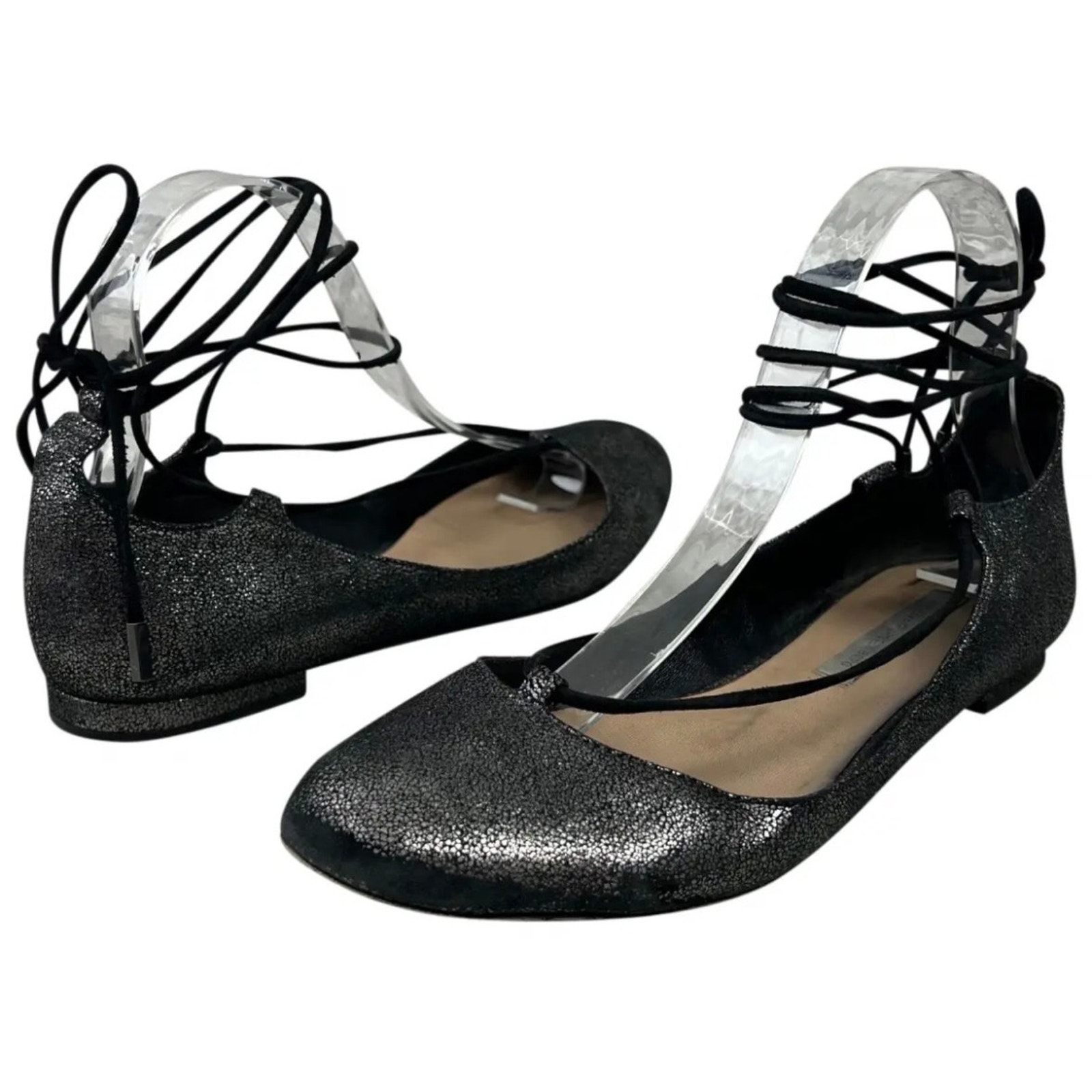 Diane Von Furstenberg Paris Pewter Ankle Wrap Ballet Flats Sz 8M Whimsigoth EUC