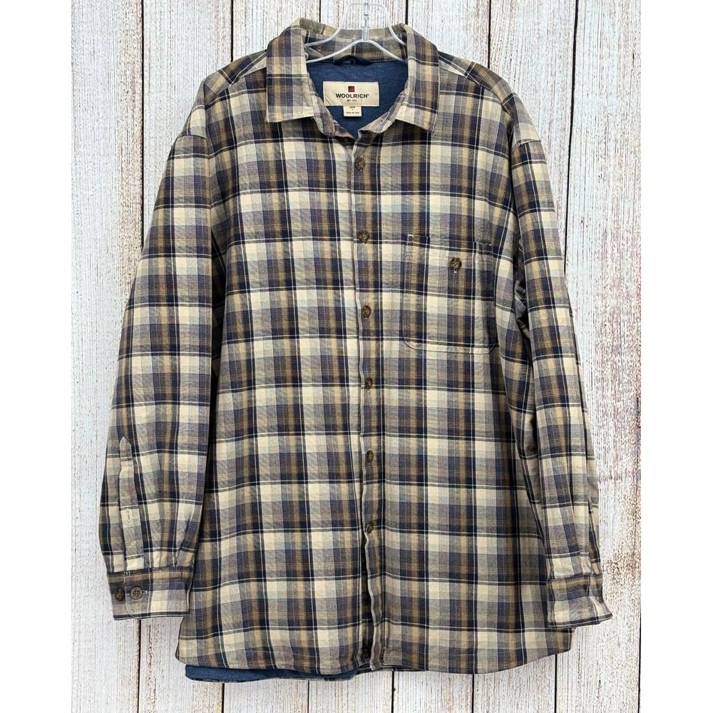 Woolrich Mens Large Deep Navy Ombre Flannel Shirt Plaid Heavyweight 100% Cotton