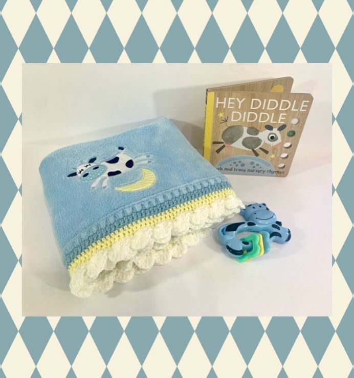 Cow Jumped Over the Moon Nursery Rhymes Crochet Baby Blanket Gift Set