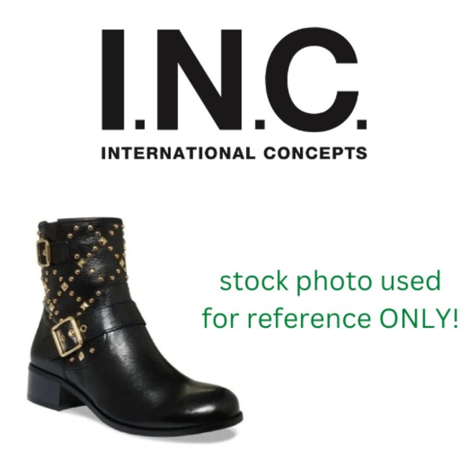 INC International Concepts women Wenda Gold Studded Black Leather Moto Boots 8.5