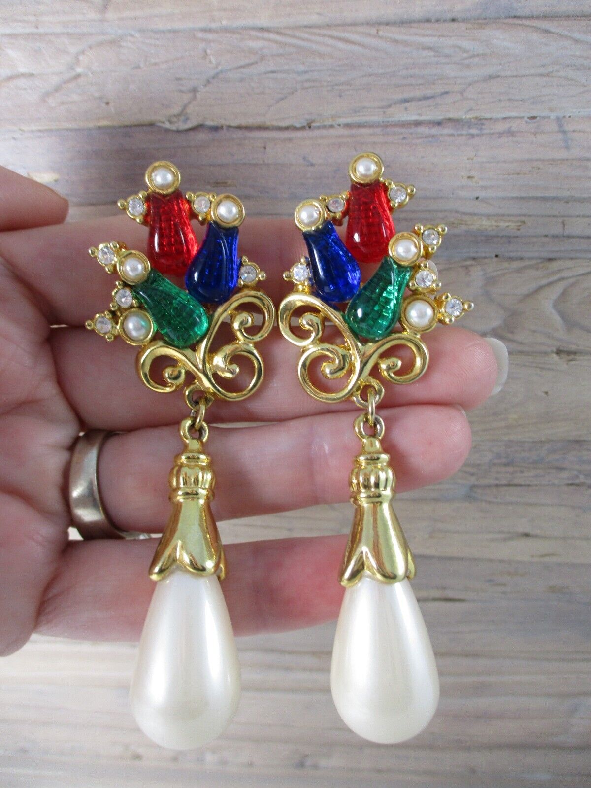 Vtg Runway Multi-color Tutti Frutti Tulip Flower Gold Pearl Earrings clip dangle