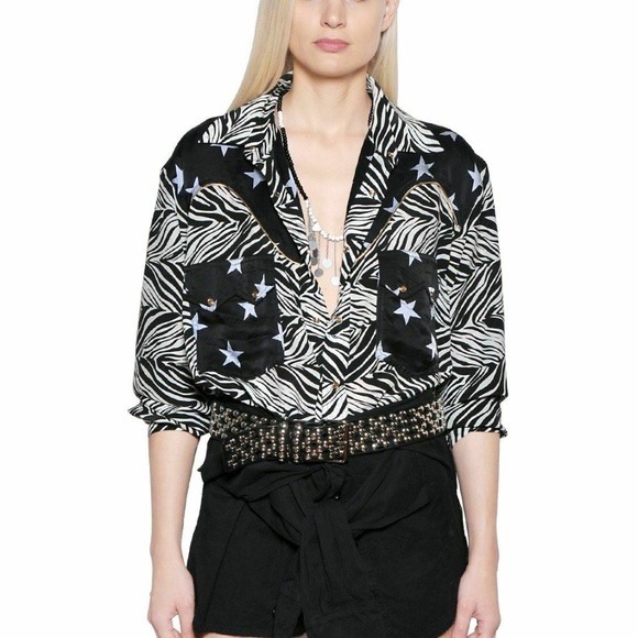 Faith Connexion BodySuit Silk Shirt Black/White Zebra Print w/Stars BNWT 1020