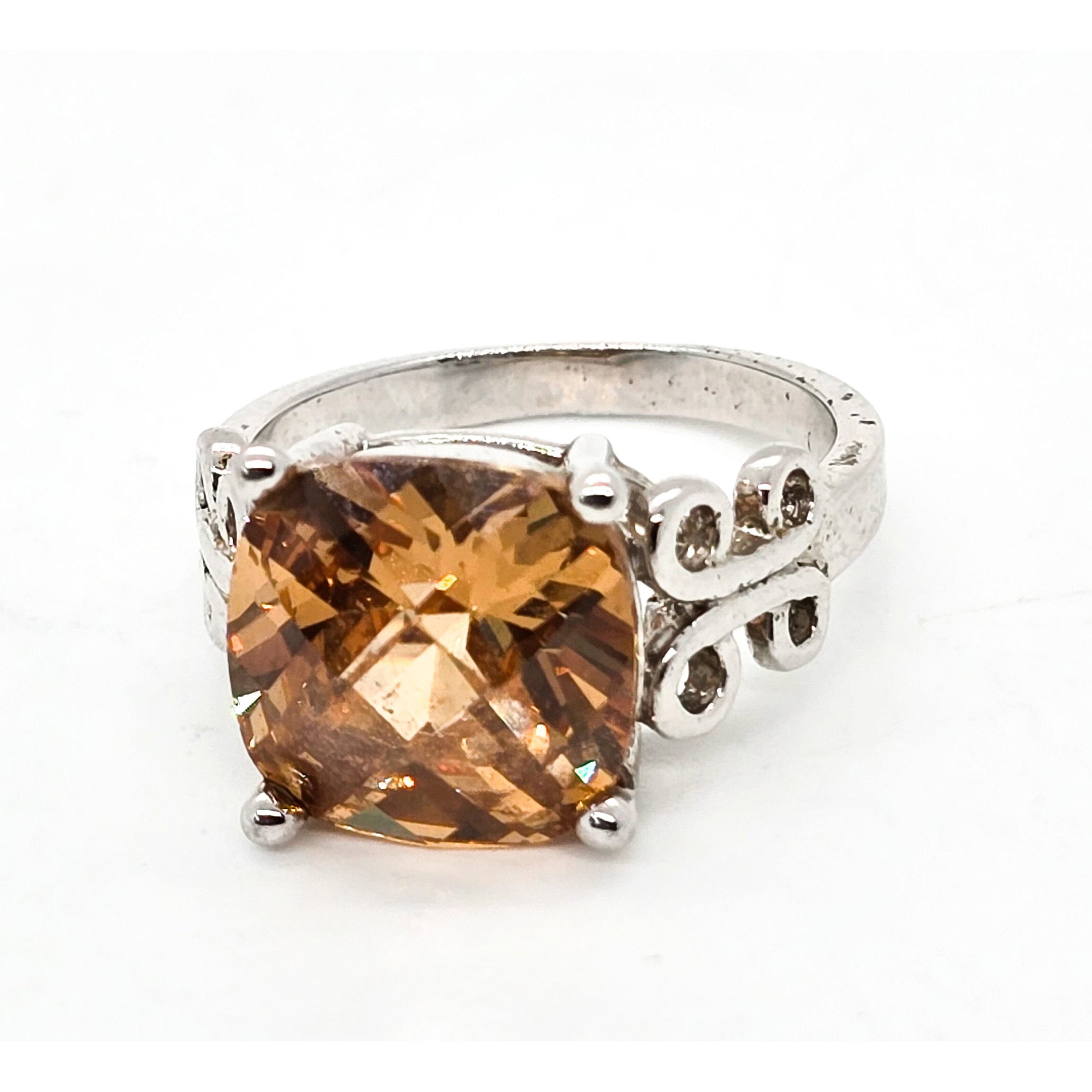 Champagne Cubic Zirconia CZ Cushion cut sterling silver ring size 8