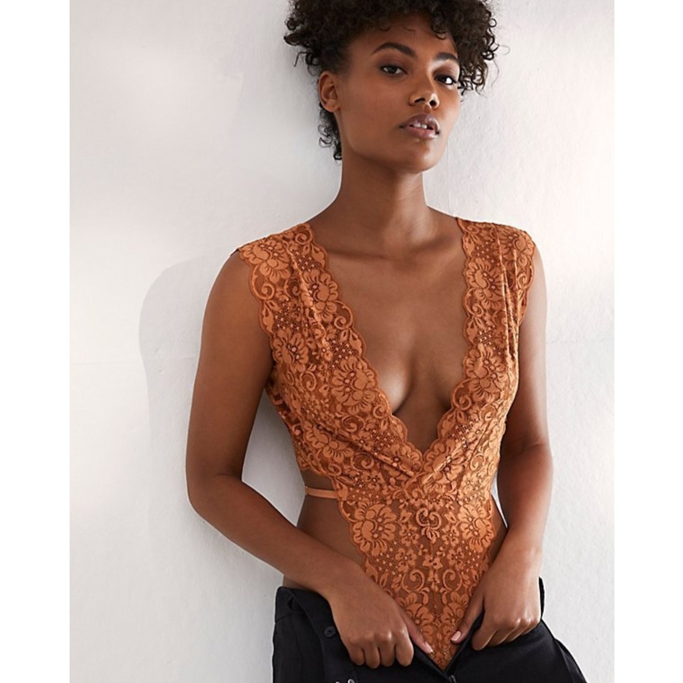 NWT We Are Hah x Free People Cut To The Chase Sheer Lace Bodysuit Brown Sugar