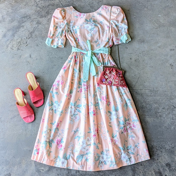Vintage Clues Collections Pastel Orange Floral Puff Sleeve Midi Dress size 8