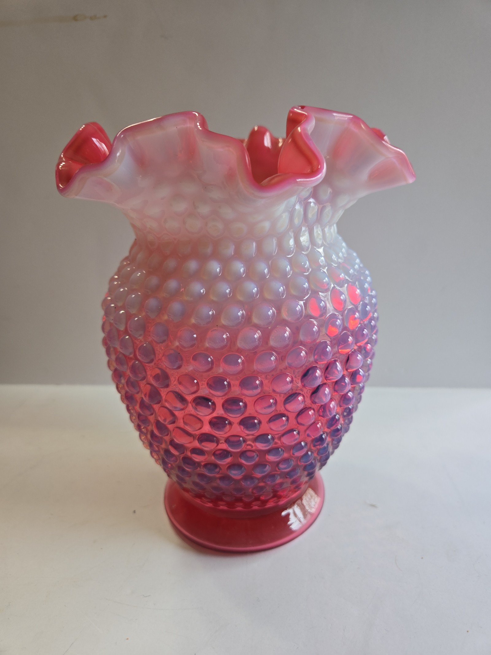 Vintage Fenton Art Glass Cranberry Opalescent + White Hobnail Ruffled Vase