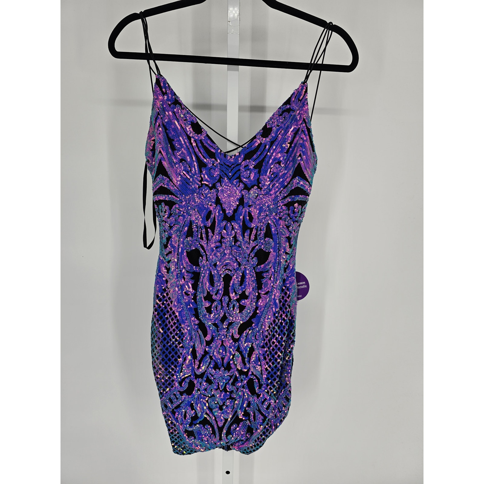 Windsor Womens Sz L Fitted Full Sequin Party Dress Purple Strappy Low Back NEW