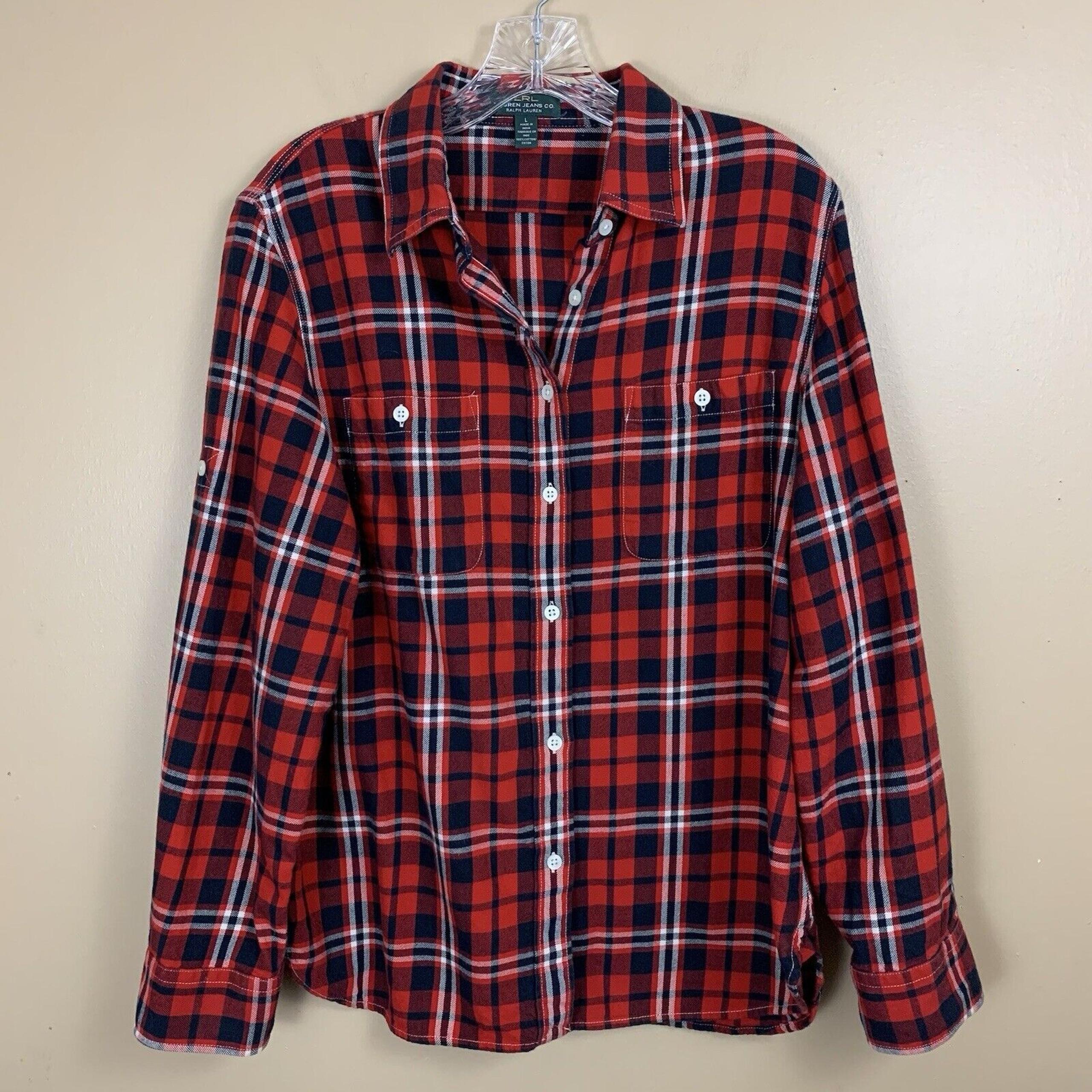Ralph Lauren LRL Shirt Womens Large Red Blue Casual Flannel Roll Tab Sleeve Top