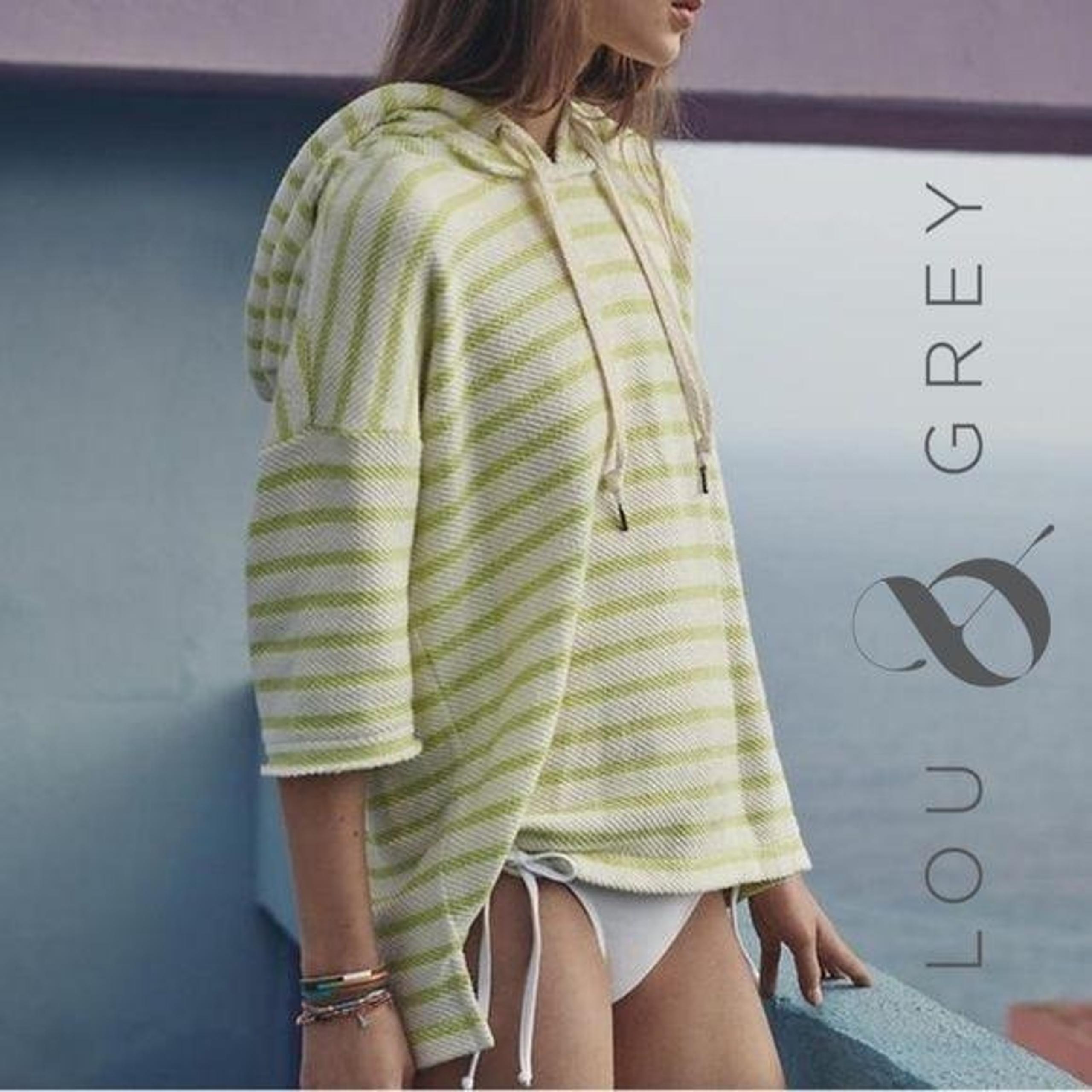 Lou & Grey Striped Hooded Poncho Top S Yellow White Cotton Blend