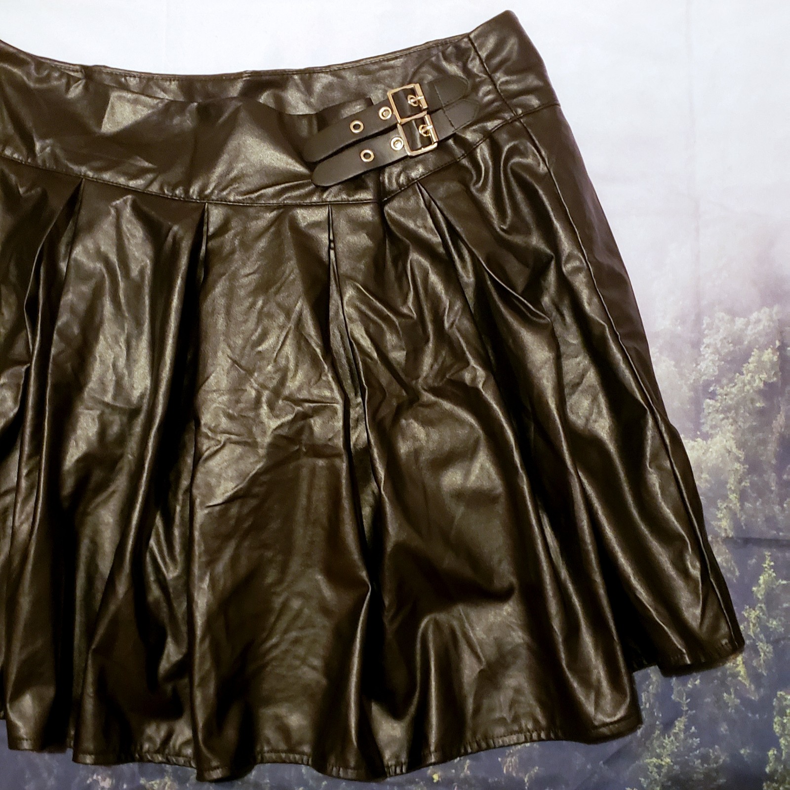 Black Faux Leather Pleated Skirt with Buckle Details - Pleated