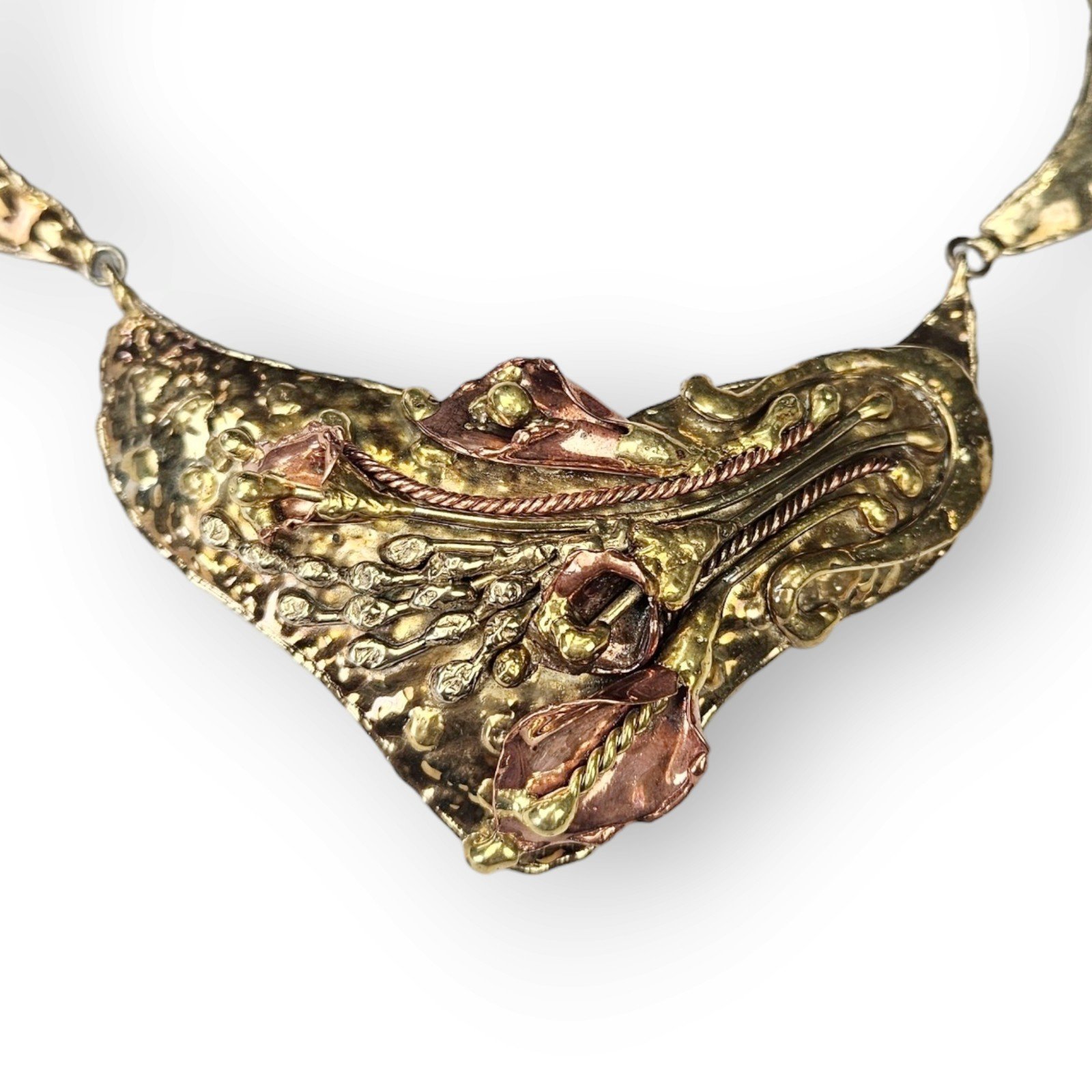 Vintage Brutalist Calla Lily Necklace Mixed Metals Copper Brass Bib Collar ~17