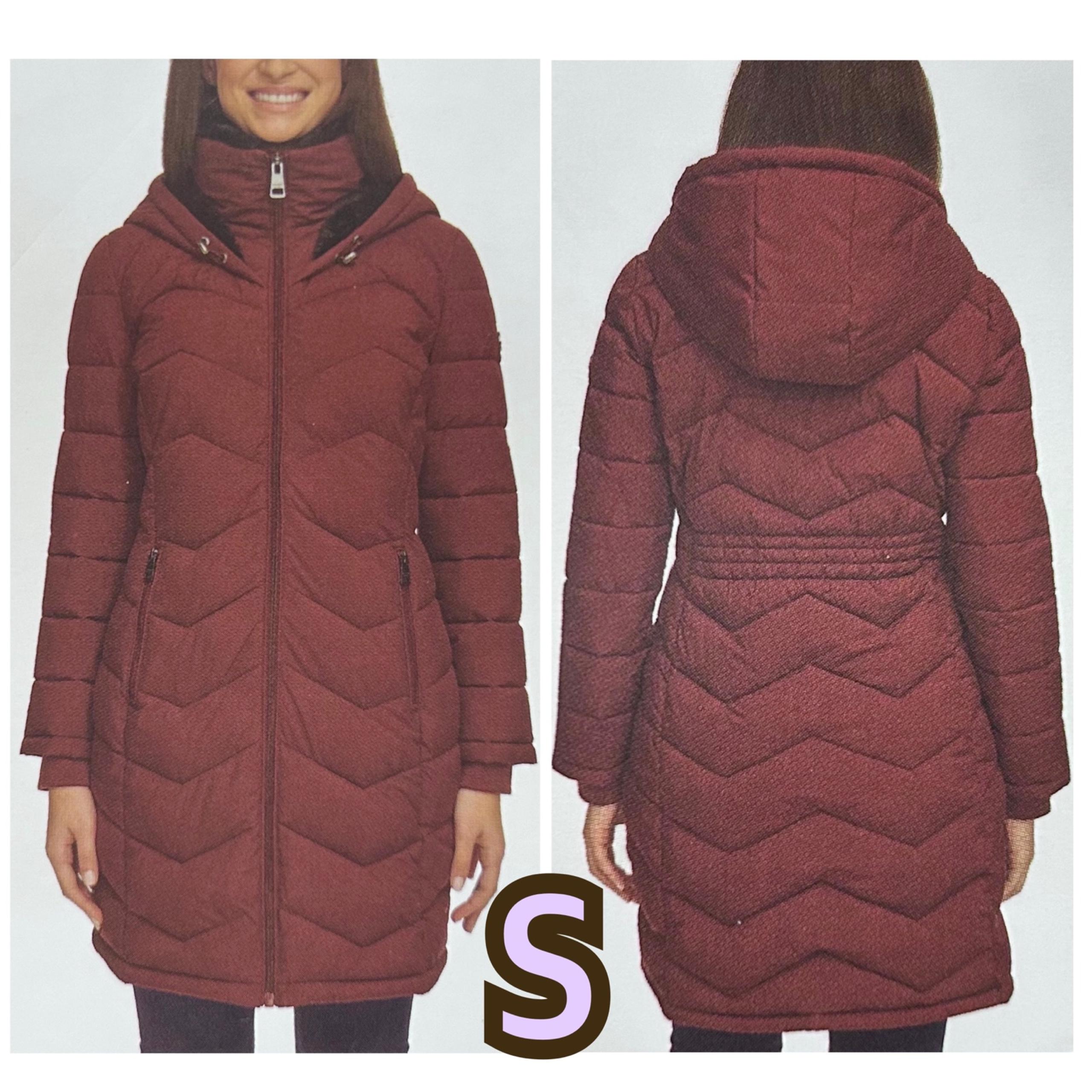Andrew Marc Ladies Women Long Stretch Parka Coat Hooded Jacket S Maroon Burgundy