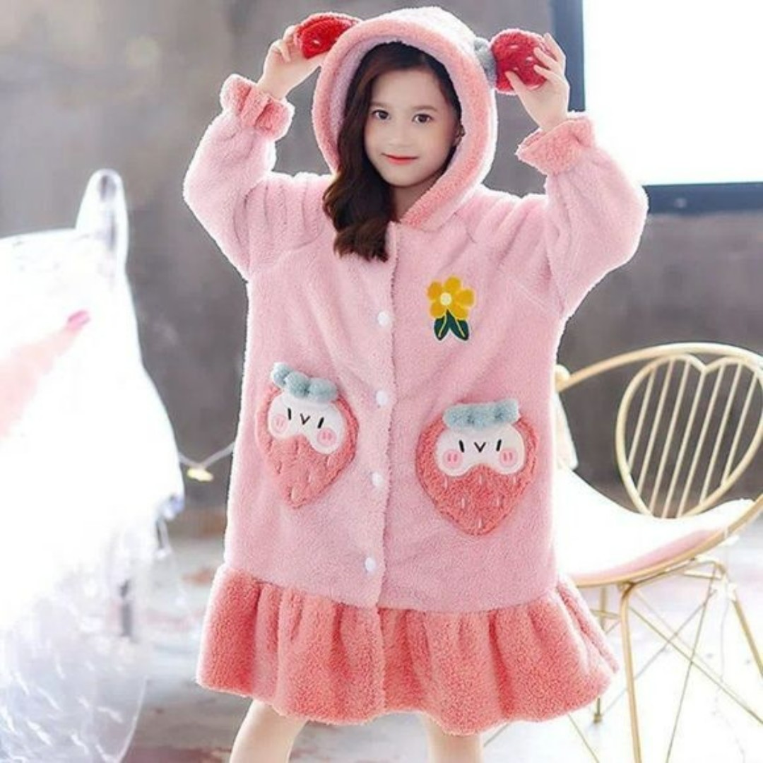 Sweet Strawberry Kids Plush Robe | Kids Fleece Sleep Gown Night Dress Pajama