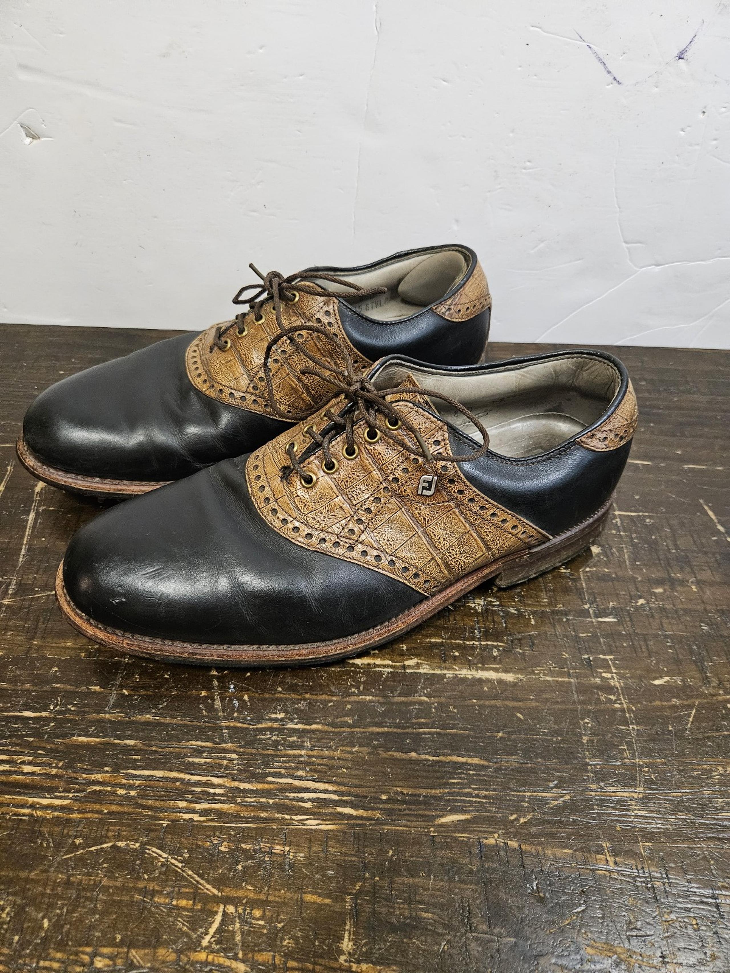 FootJoy Classics Dry Men's 8.5 D Black Brown Croc Leather Golf Cleats Comfort
