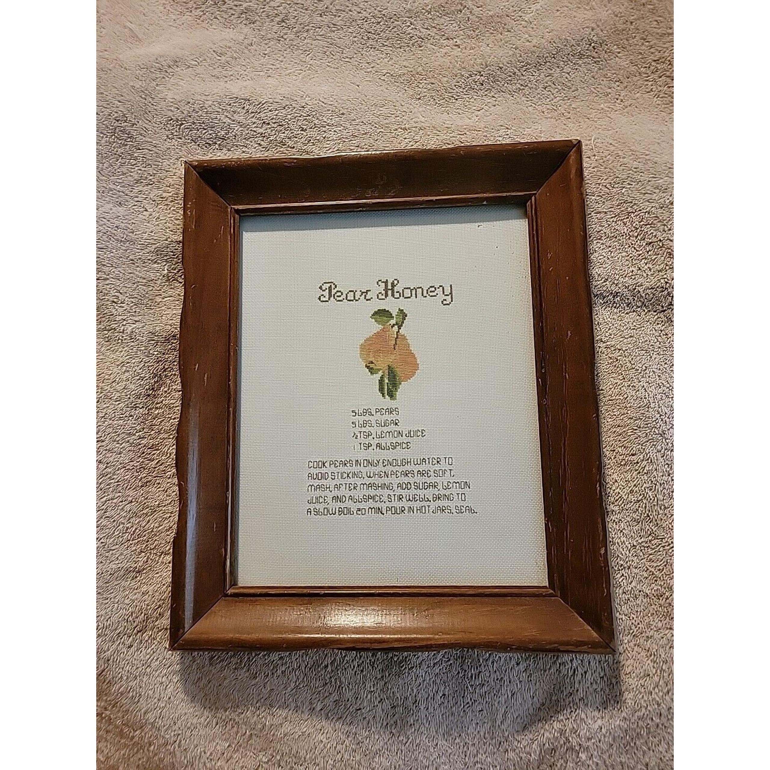 Vintage Framed Completed Pear Honey Cross Stitch