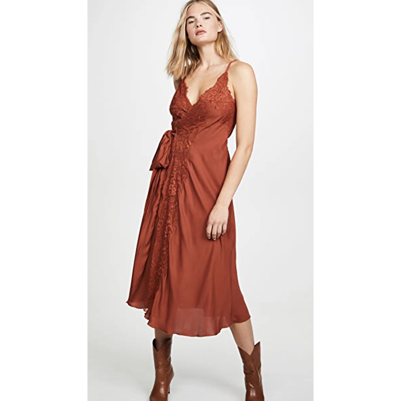 We are Hah x Revolve Dancing Queen Lace Trim Slip Wrap Midi Dress Bronze Medium