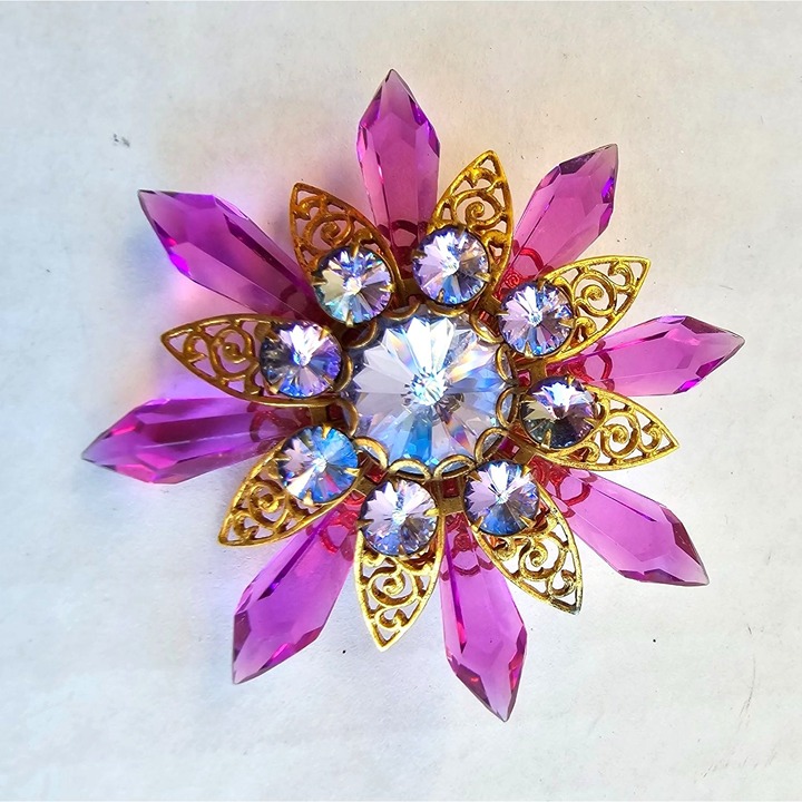 Vintage Costume Jewelry Pink Purple Rhinestones Floral Pin Brooch Layered