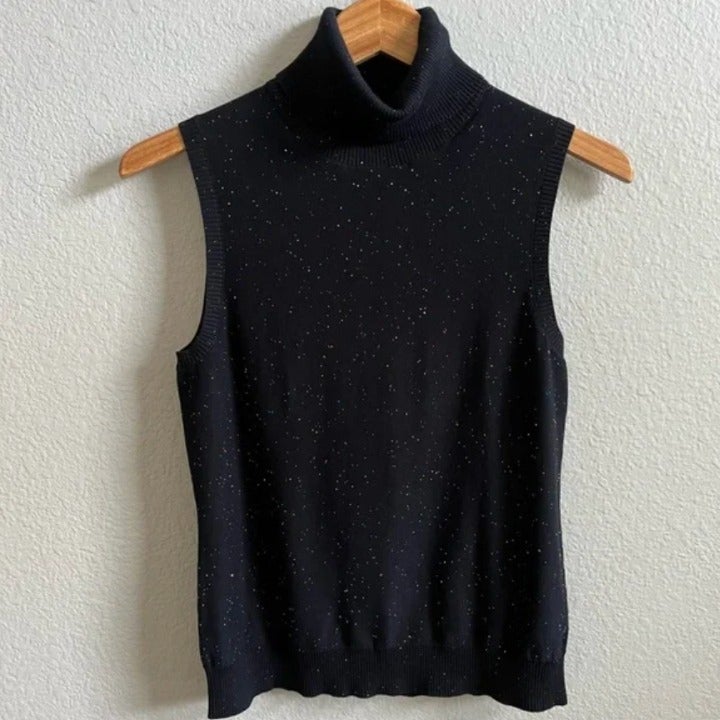Carlisle Collection Black Knit Sequin Sleeveless Turtleneck, M