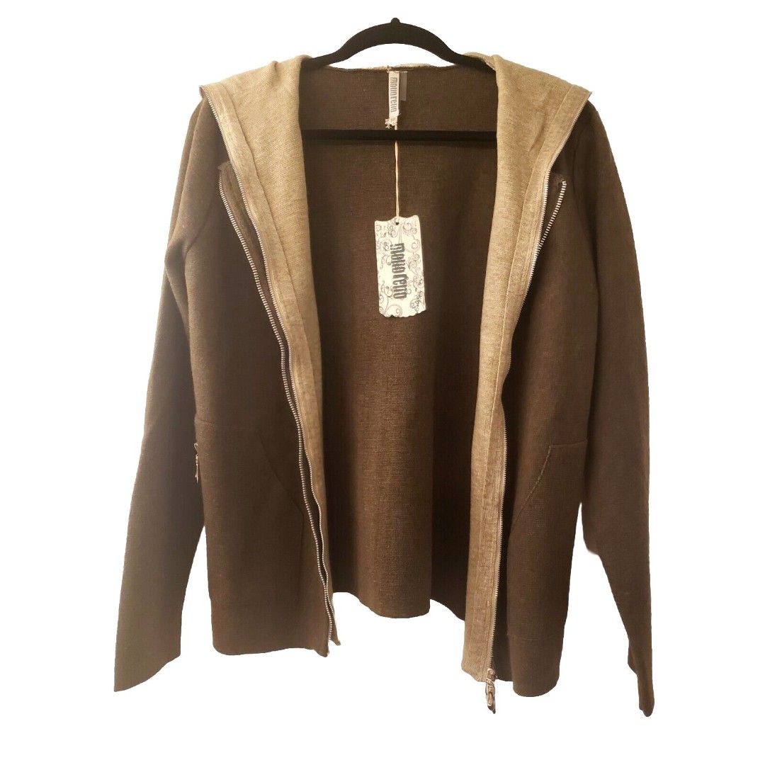 Monoreno Sweater Hoodie Jacket Layered Brown Tan Zip Pockets Size Medium NWT