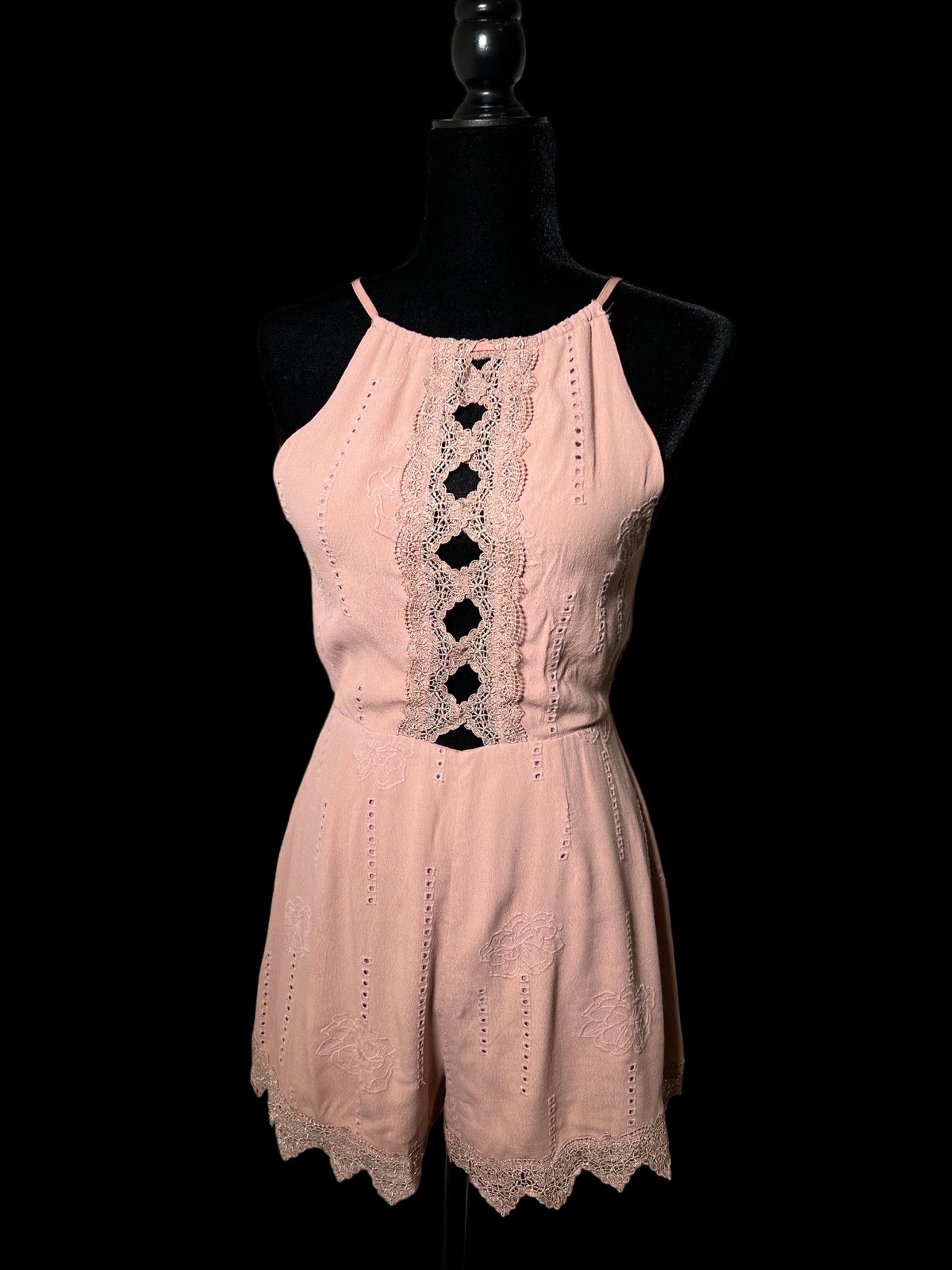 A S T R - The Label - Blush Pink Lace Accent Halter Romper - Size S