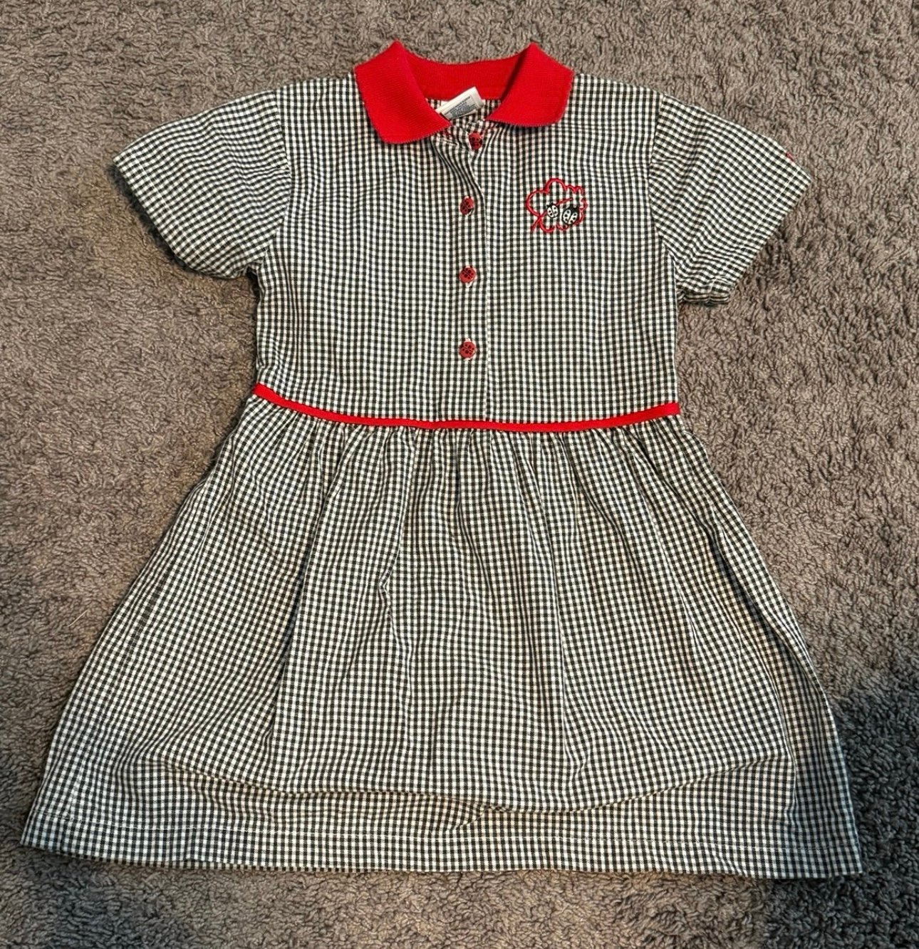 VTG OSHKOSH black &white gingham Ladybug Dress 5T Red Collar & Buttons