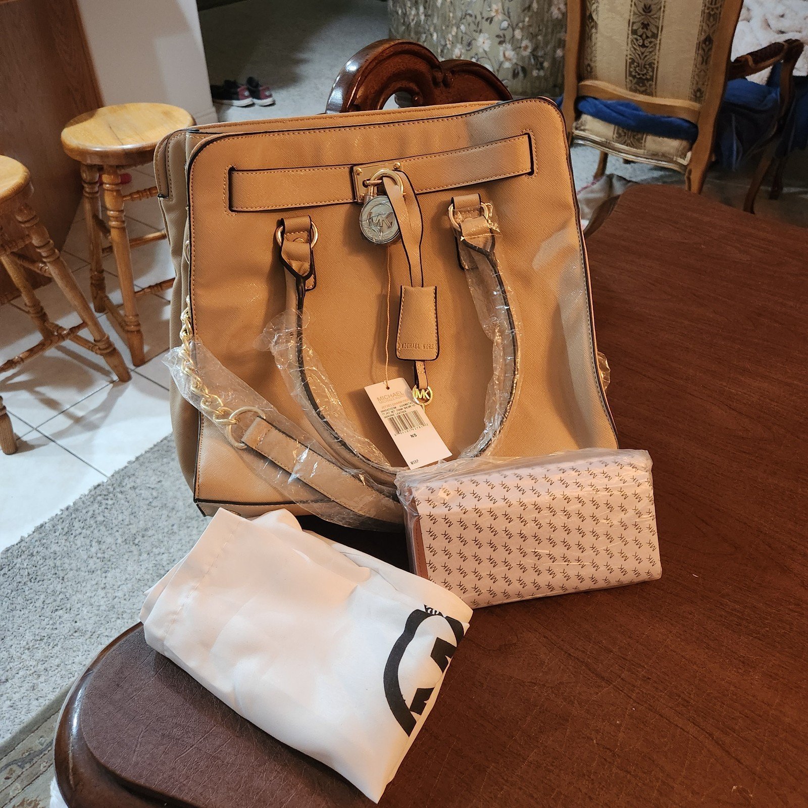 Michael Kors Hamilton Large Leather Satchel Crossbody Bag Beige Dusk
