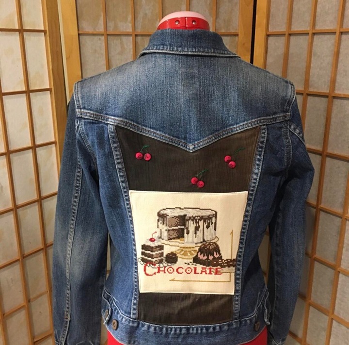 Upcycled GAP “Chocolate & Cherrys” (Size Medium) Denim Jacket